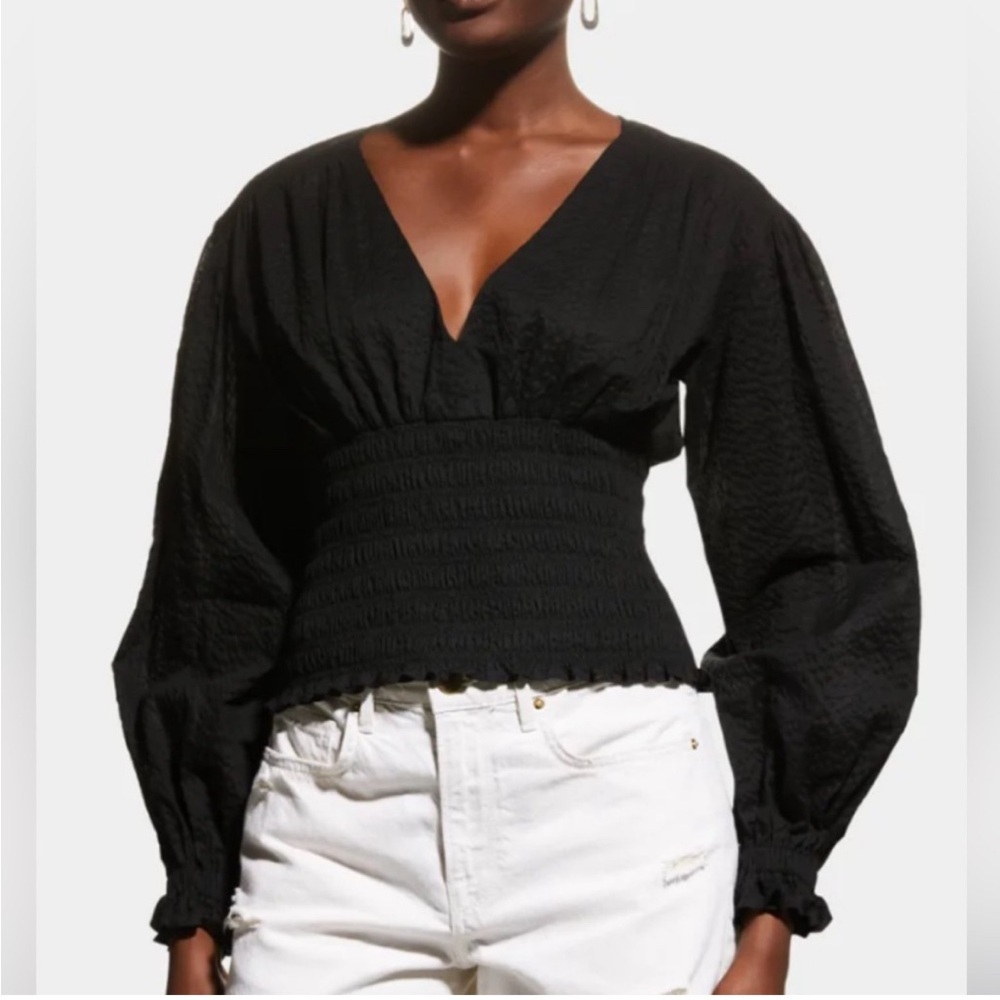 Frame Denim Black Smocked V-Neck Long Sleeve Blouse